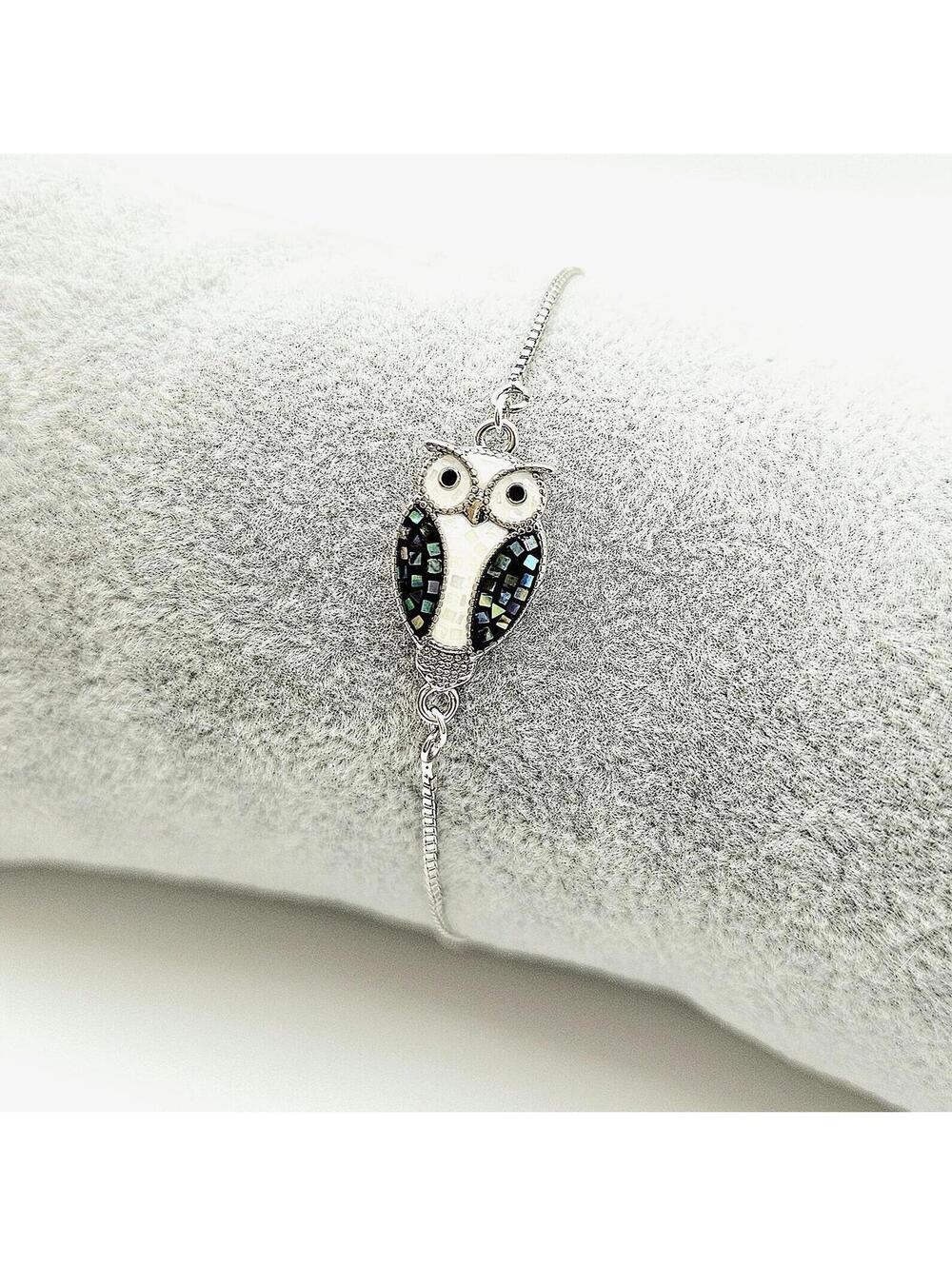 Silver Owl Bracelet - Abalone Shell Inlay - Adjustable Steel Slider Chain